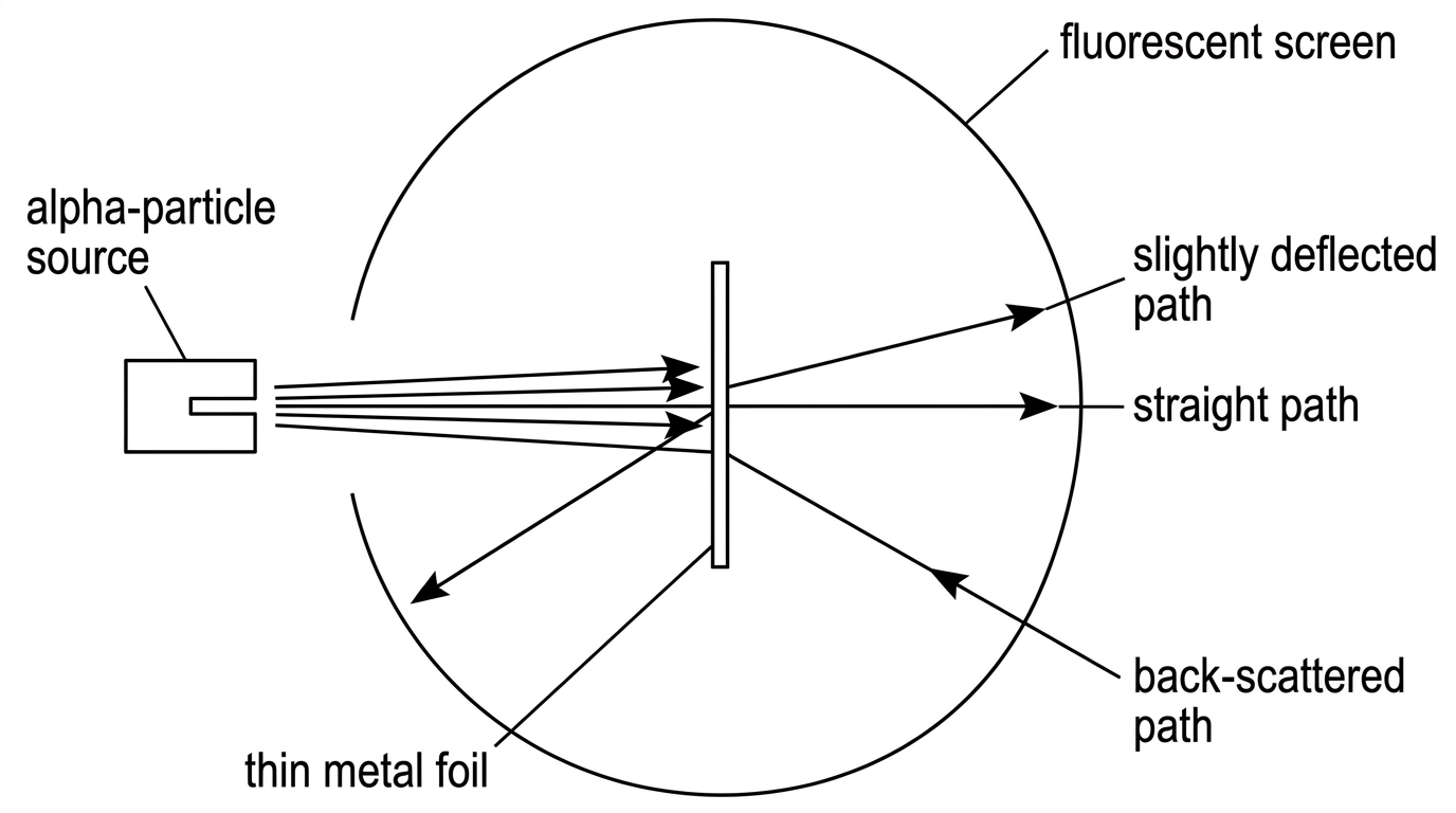 Schematic of alpha particles from a source incident on a thin metal foil with a surrounding fluorescent screen and example straight, slightly deflected, and back-scattered paths labelled.