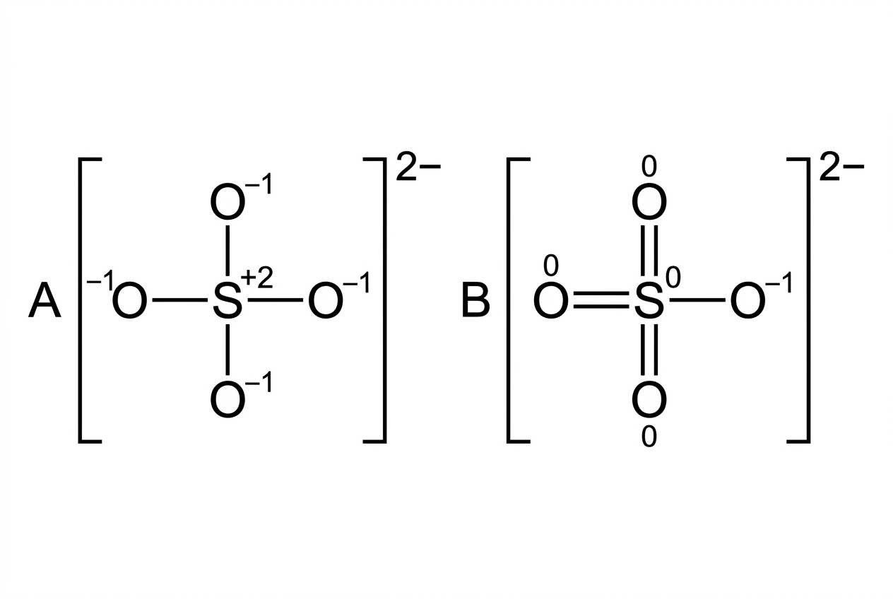 An annotated stimulus showing two Lewis representations of $SO_4^{2-}$ with formal charges indicated.