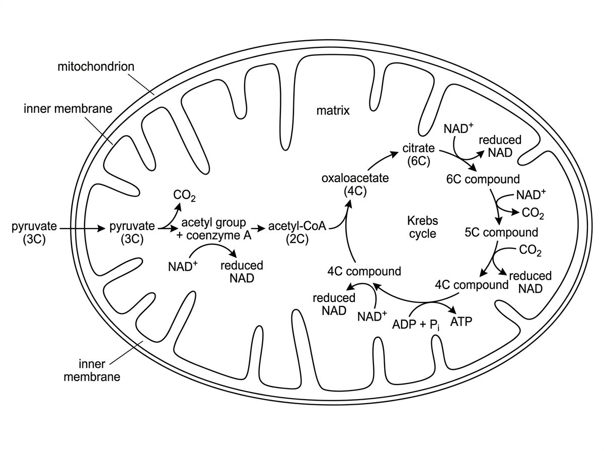 An annotated pathway diagram showing pyruvate entering the mitochondrial matrix, conversion to an acetyl group carried by coenzyme A, release of carbon dioxide and formation of reduced NAD in the link reaction. The acetyl group enters a cyclic pathway by combining with oxaloacetate to form citrate. The cycle shows carbon-number labels for oxaloacetate, citrate and later intermediates, with arrows for carbon dioxide release, reduced NAD formation and ATP formation.
