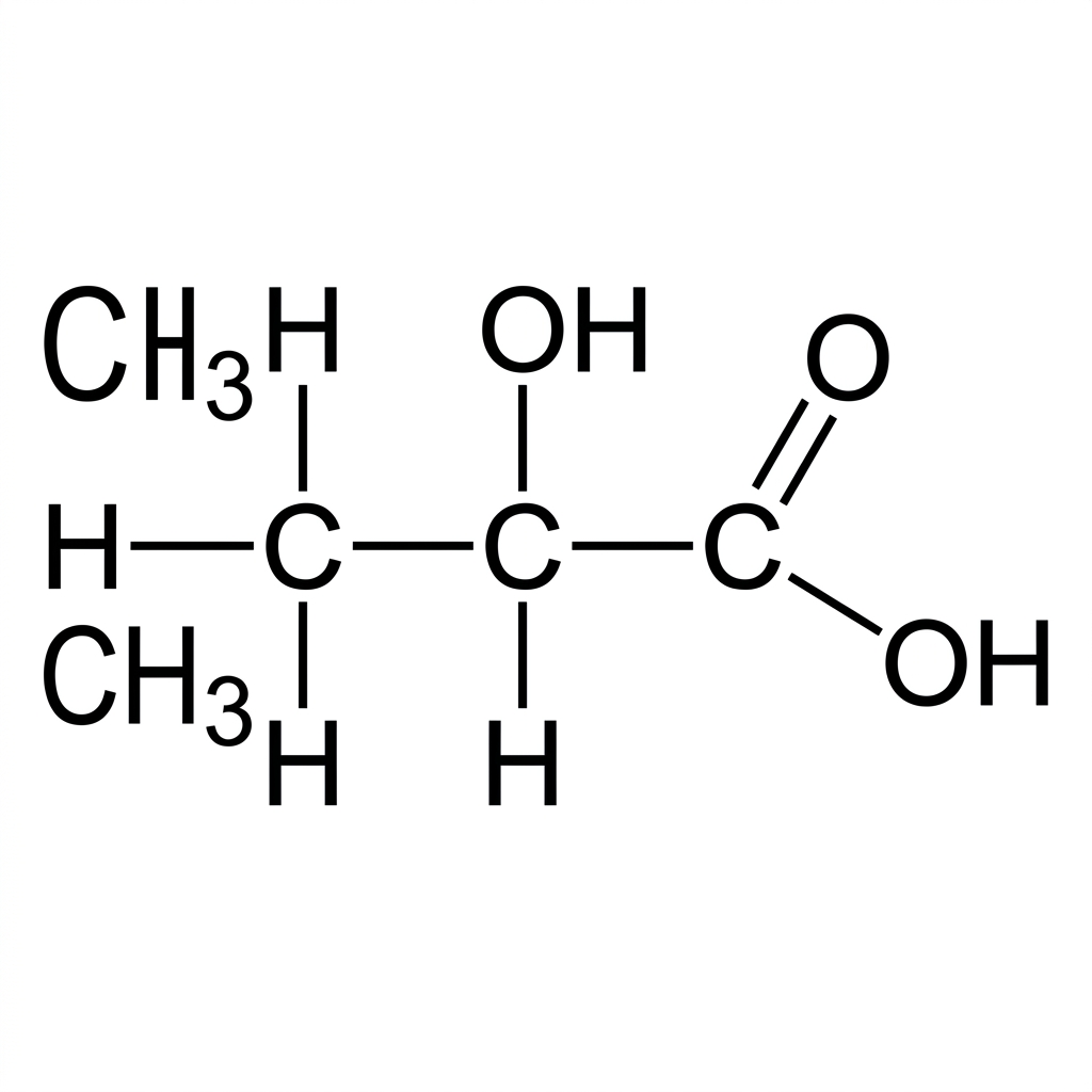 Displayed structural formula of lactic acid showing a methyl group, a hydroxyl group and a carboxyl group on the adjacent carbon framework. No polymer structure is shown.