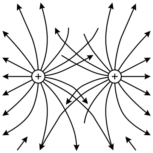 A visually comparable field-line diagram with two identical positive point charges separated horizontally. Lines generally leave the charges, but several lines from the two charges cross each other in the central region between the charges. Arrows point mostly outward. The style, line thickness, labels and scale match the other options.