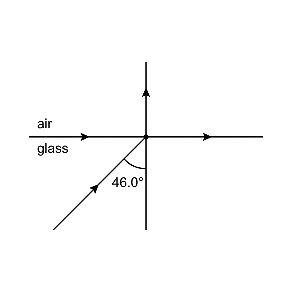A ray diagram showing a glass-air boundary with glass on one side and air on the other. Include an incident ray in the glass meeting the boundary, and a normal at the point of incidence. Label the angle of incidence as measured from the normal. Do not draw a refracted or reflected ray.