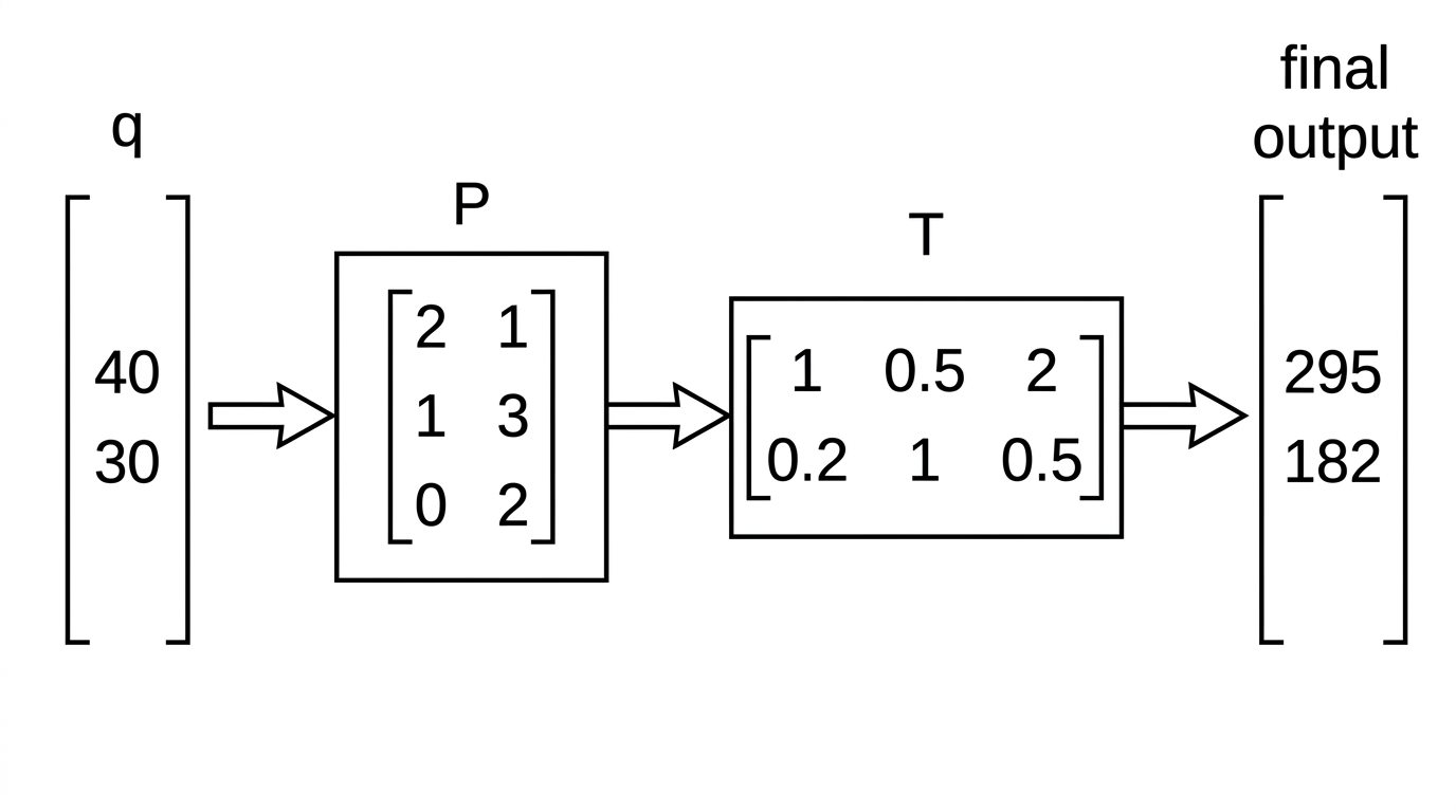 A process diagram showing the production column $\mathbf q$ passing first through operation $P$ and then through operation $T$, with arrows indicating the order of multiplication. The output is shown only as an unlabeled placeholder; no numerical output vector is displayed.