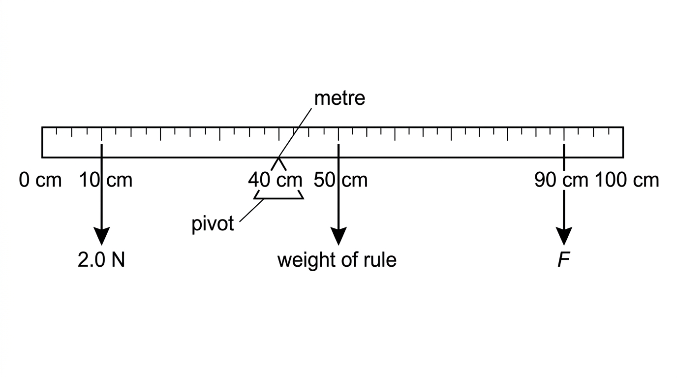 Diagram of a horizontal metre rule with pivot at 40 cm, a downward 2.0 N force at 10 cm, the rule’s weight acting at 50 cm, and an unknown downward force at 90 cm.