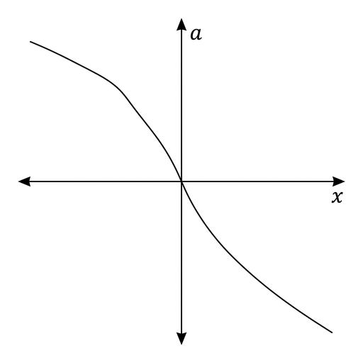 A simple graph with horizontal axis labeled x and vertical axis labeled a. A smooth curve passes through the origin, decreasing for positive x but becoming progressively steeper away from the origin. The axes have arrowheads and no grid.