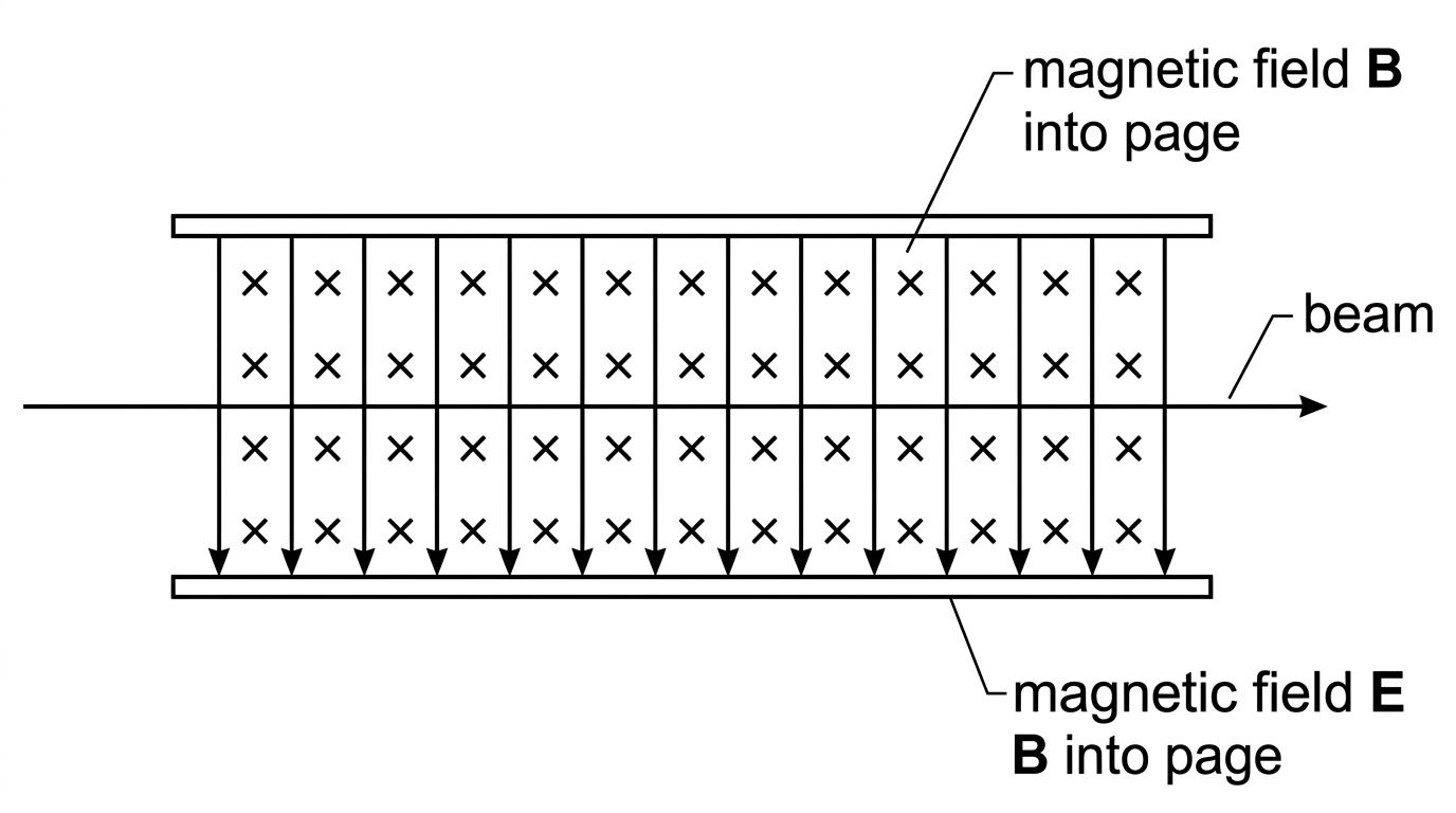 A velocity selector diagram showing a beam entering between plates, electric field vertical, magnetic field perpendicular to the page, and an undeflected straight path through the region.