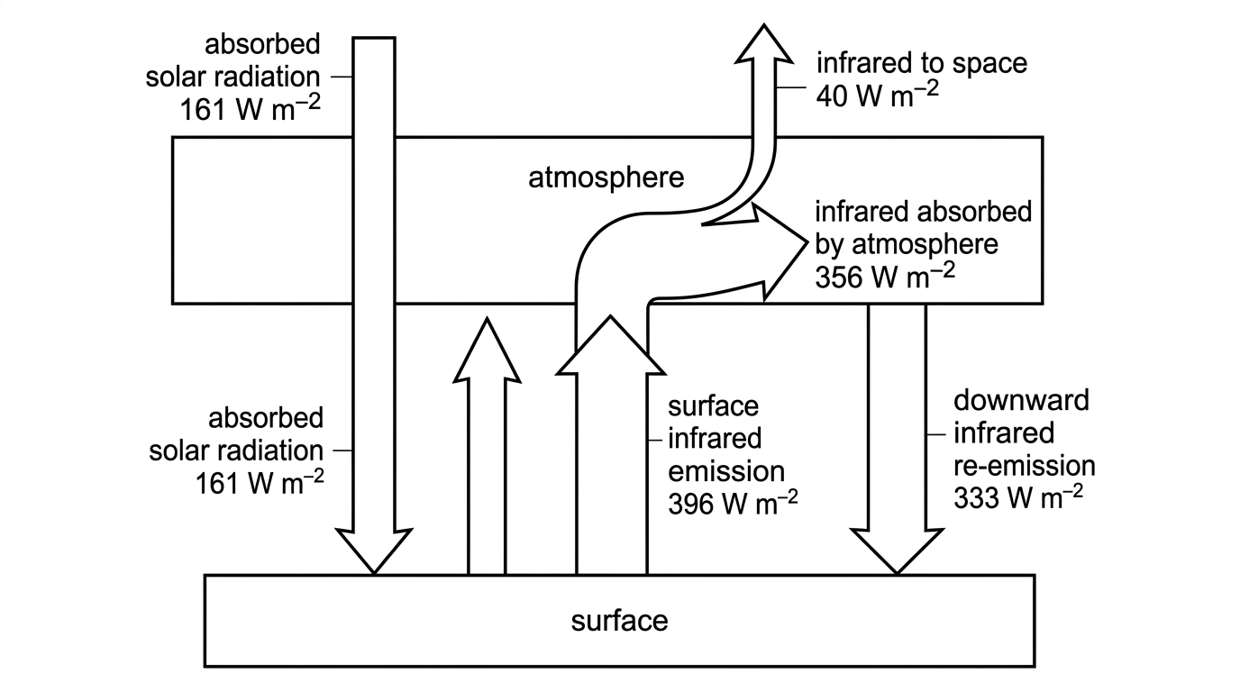Sankey-style energy-flow diagram for surface and atmosphere with labelled arrows and intensities in W m⁻² for absorbed solar input, upward surface infrared, atmospheric absorption, downward infrared and non-radiative transfers; values should permit a surface balance calculation.