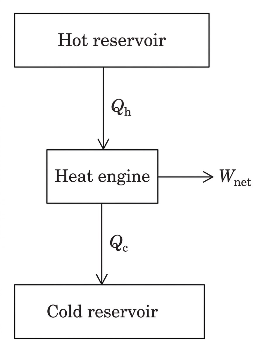 A schematic energy-flow diagram for a heat engine. A hot reservoir is shown above, a heat engine in the centre, and a cold reservoir below. Arrows indicate energy input from the hot reservoir, useful work output to the side, and rejected energy to the cold reservoir. The quantities are labelled symbolically as Q_h, W_net and Q_c without calculating efficiency.