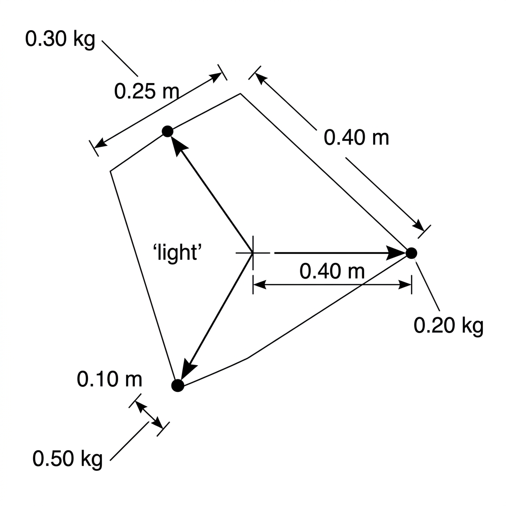 A simple top-view diagram of a light rigid frame with a central rotation axis marked by a cross. Three small point masses are shown at different radial distances from the axis. The masses are labelled $0.20\ \text{kg}$, $0.30\ \text{kg}$ and $0.50\ \text{kg}$, with their respective distances from the axis labelled $0.40\ \text{m}$, $0.25\ \text{m}$ and $0.10\ \text{m}$. The frame itself is labelled light.