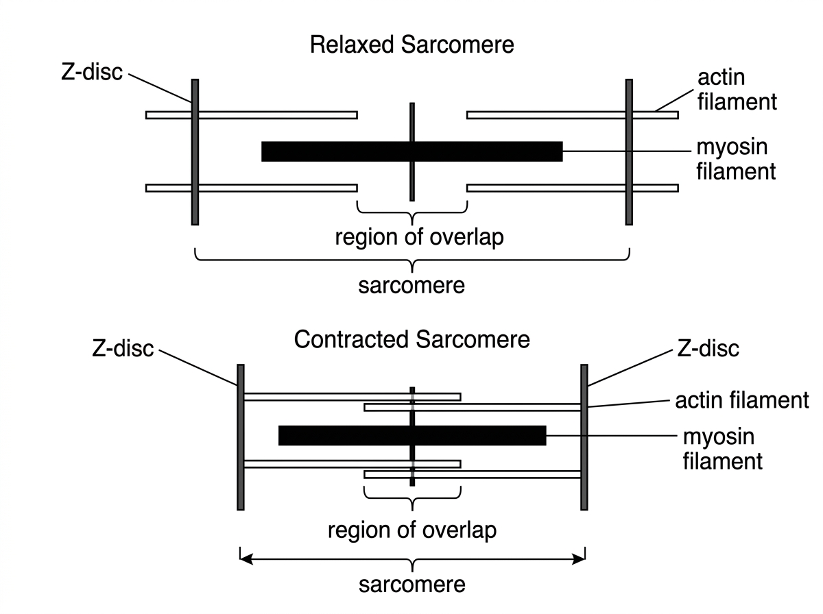 A labelled diagram with two horizontal sarcomeres, one relaxed and one contracted. Each sarcomere is bounded by Z-discs with thin actin filaments extending inward and thick myosin filaments in the centre. The contracted sarcomere should show Z-discs closer together and increased overlap of actin and myosin. Labels should include Z-disc, actin filament, myosin filament, sarcomere and region of overlap, without adding explanatory notes about which filaments change length.