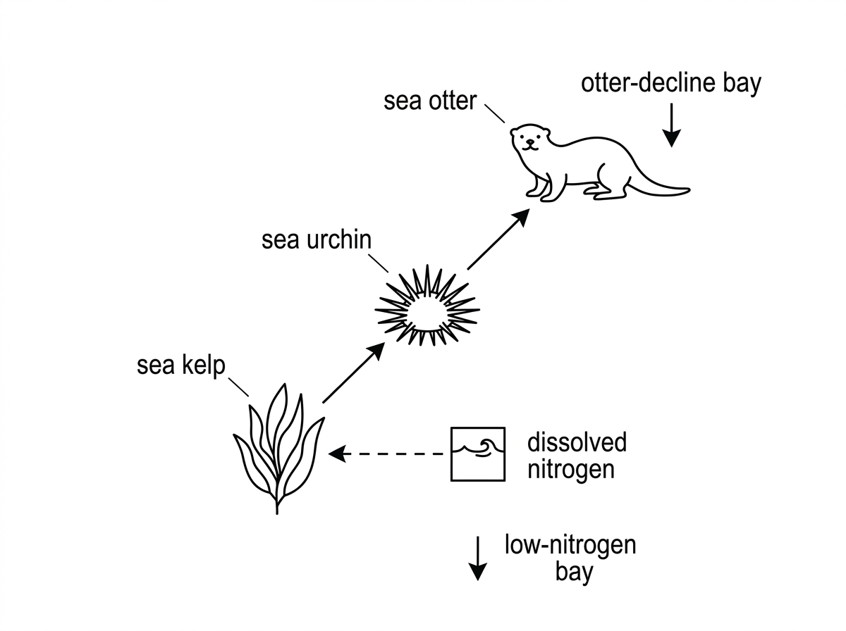 A simplified food-chain and scenario diagram showing sea otters feeding on sea urchins, sea urchins grazing kelp, and dissolved nitrogen supporting kelp growth. Separate labels indicate an otter-decline bay and a low-nitrogen bay without stating top-down or bottom-up conclusions.