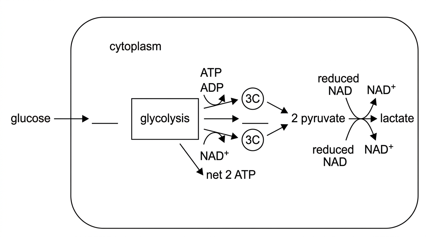 A flow diagram of anaerobic respiration in a human muscle cell. It must show glucose entering glycolysis in the cytoplasm, formation of two pyruvate molecules, net ATP production, reduction of NAD during glycolysis, and conversion of pyruvate to lactate with regeneration of NAD. Some arrows should be unlabelled for interpretation.
