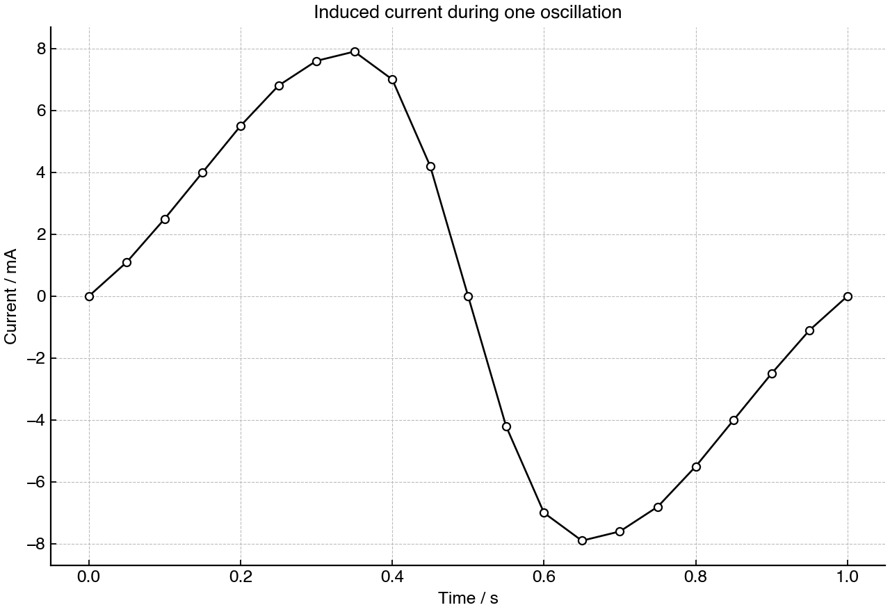 Induced current in the coil over one mechanical oscillation.
