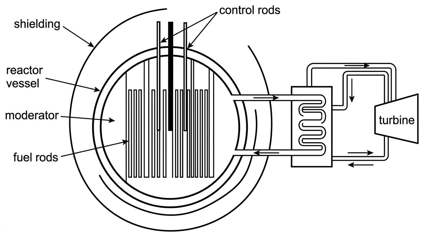 A labelled schematic of a thermal nuclear reactor. It should show fuel rods in the reactor core, movable control rods entering the core, moderator surrounding fuel rods, a primary coolant loop passing through a heat exchanger, a separate secondary steam loop to a turbine, and thick shielding around the core.