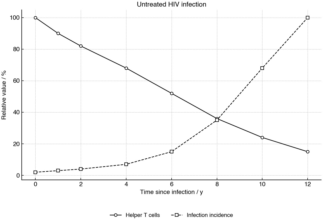 Changes in relative helper T-cell concentration and opportunistic infection incidence during untreated HIV infection.