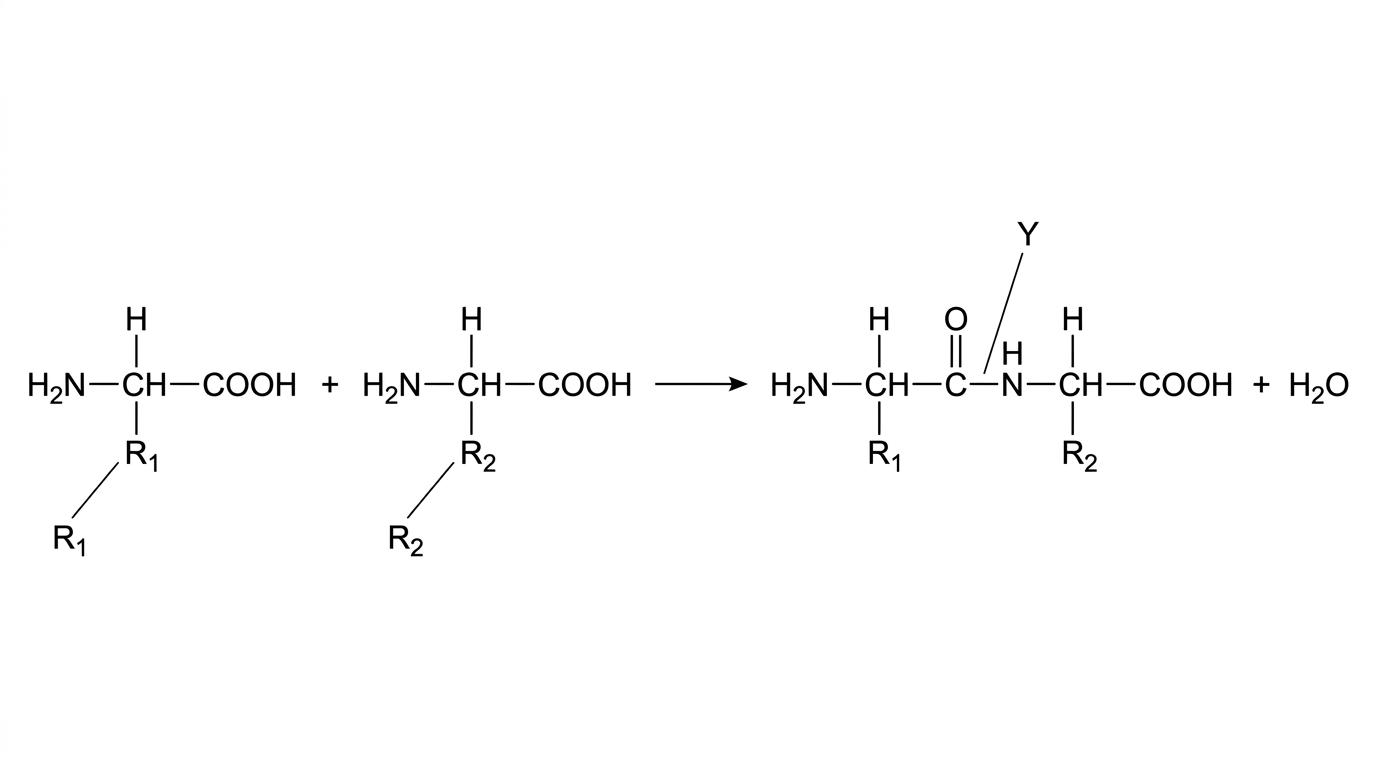 Reaction diagram showing two generalized amino acids joining to form a generalized dipeptide; the new C–N bond is labelled Y and water is shown as a product without naming the bond.