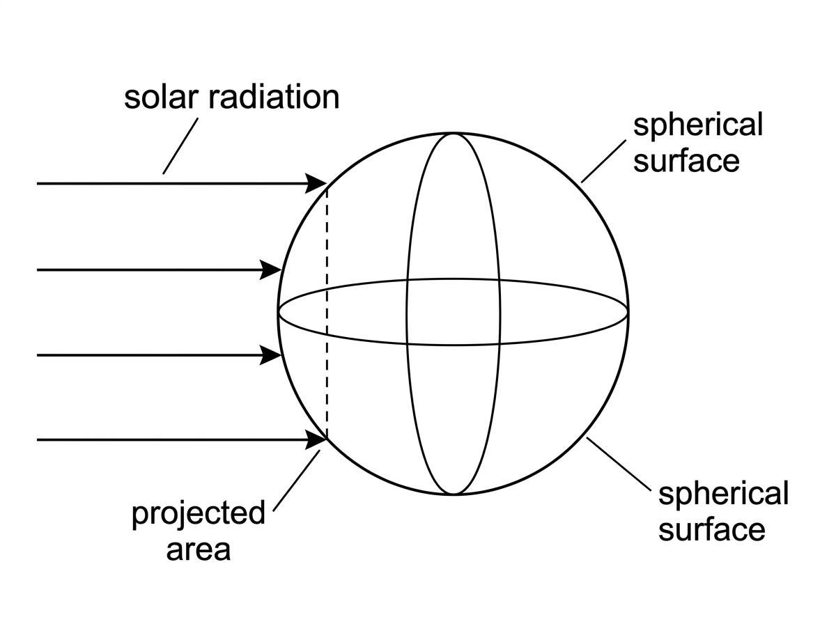 Schematic of a spherical planet illuminated by parallel solar rays, showing projected circular area and total spherical surface without numerical values.