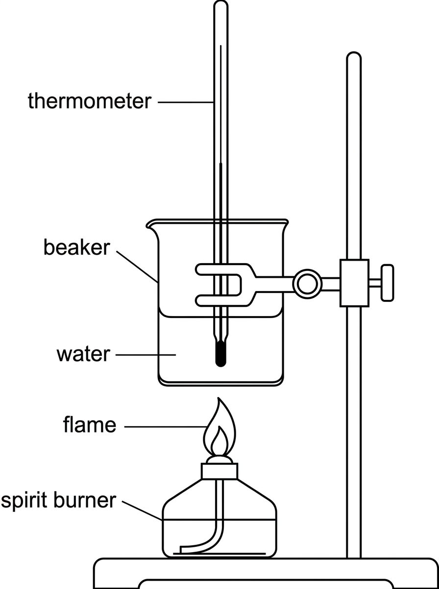 Simple spirit burner positioned below a beaker of water held by a clamp; thermometer in water; flame and open laboratory setup visible.