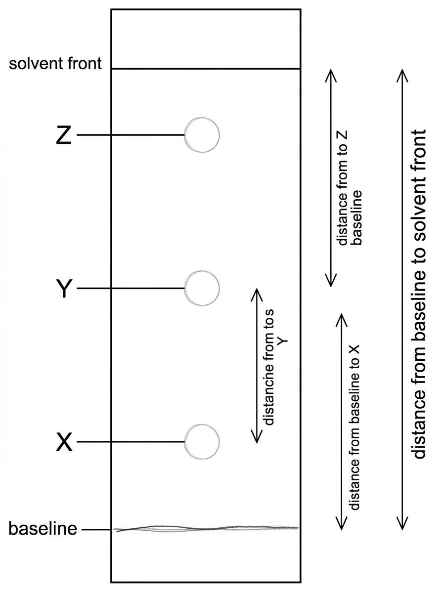 A TLC plate diagram with a pencil baseline near the bottom, a solvent front near the top, and three spots labelled X, Y and Z at different heights above the baseline. X is closest to the baseline, Y is intermediate and Z is closest to the solvent front. Distances from the baseline to each spot centre and to the solvent front are indicated with measuring arrows, but exact numerical values are not included in this placeholder.