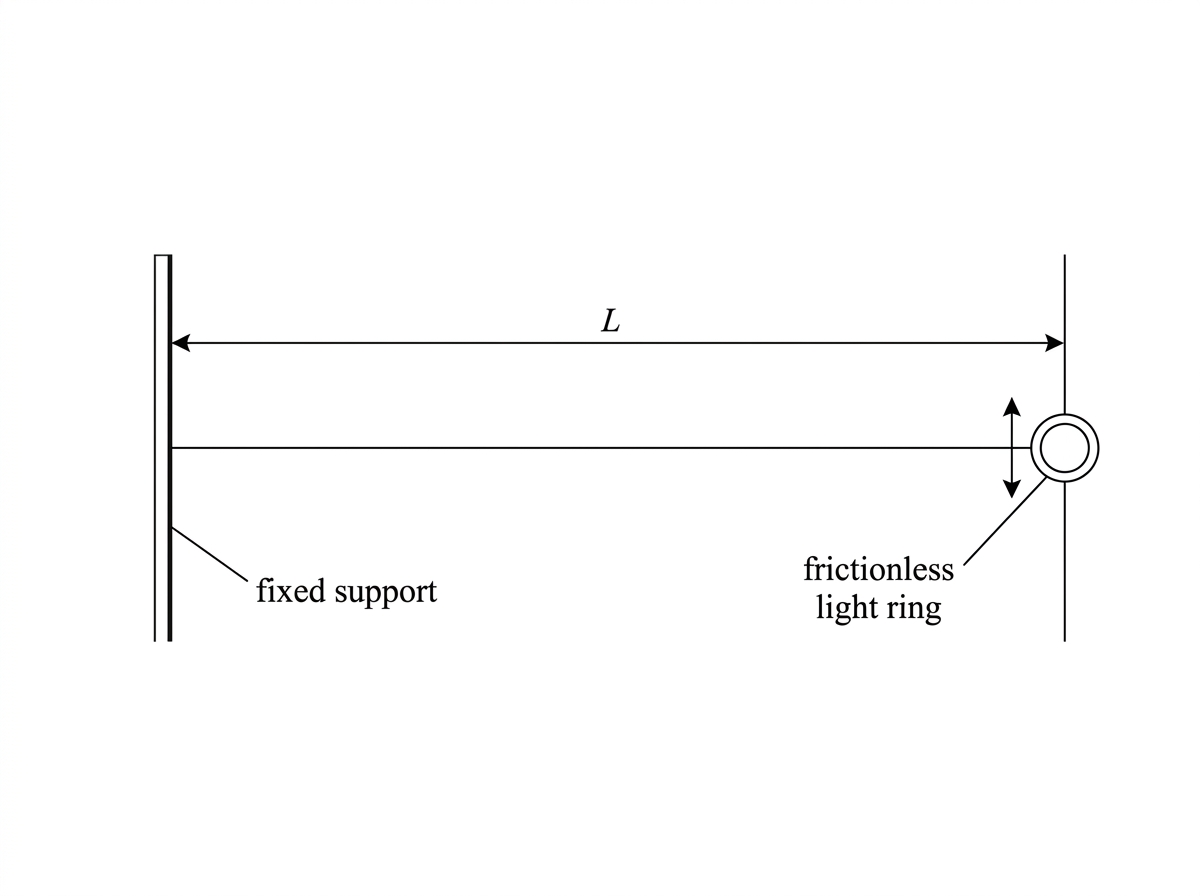 A horizontal string with the left end fixed to a rigid wall and the right end attached to a small ring on a vertical guide so that the end can move freely up and down. The length between the wall and ring is labelled L. Blank space is provided to sketch the first two allowed standing-wave patterns.