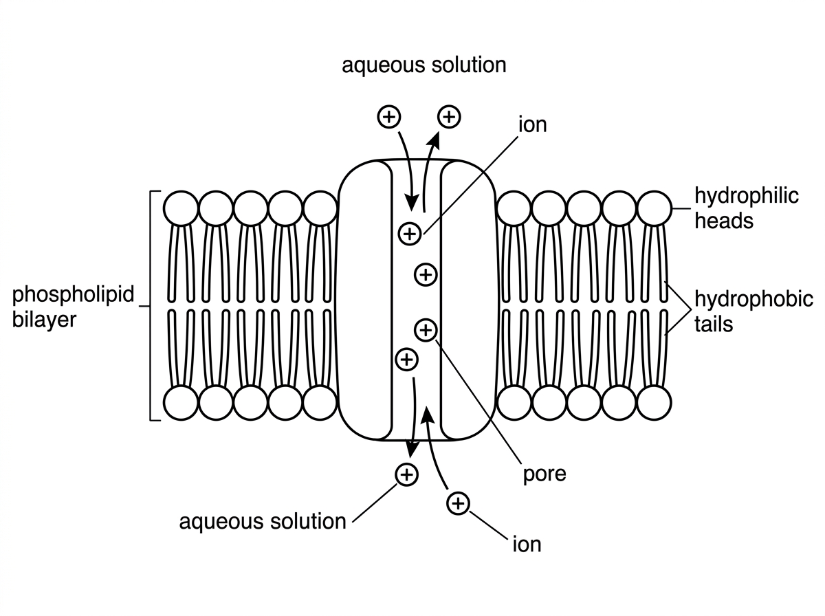 A cross-sectional diagram of a phospholipid bilayer with an integral channel protein spanning the membrane. The bilayer has hydrophilic heads facing aqueous solutions and hydrophobic tails in the membrane core. The channel protein has an outer surface contacting the hydrophobic membrane core and a pore lining the aqueous channel. Ions are shown moving through the pore, but amino acid types are not labelled.