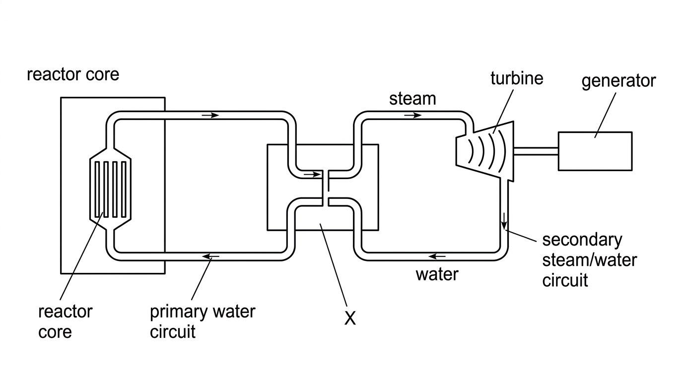 Schematic of a pressurized-water nuclear power station with reactor core, primary coolant loop, component X between loops, secondary steam loop, turbine and generator. X is the heat exchanger; the diagram should not label its name.