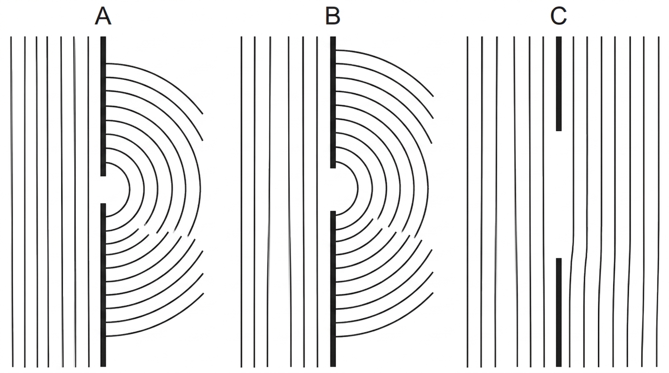 Three side-by-side ripple-tank sketches/photographs: same incident wavelength, apertures of different widths, and different degrees of spreading after each aperture; apertures labelled only by letter.