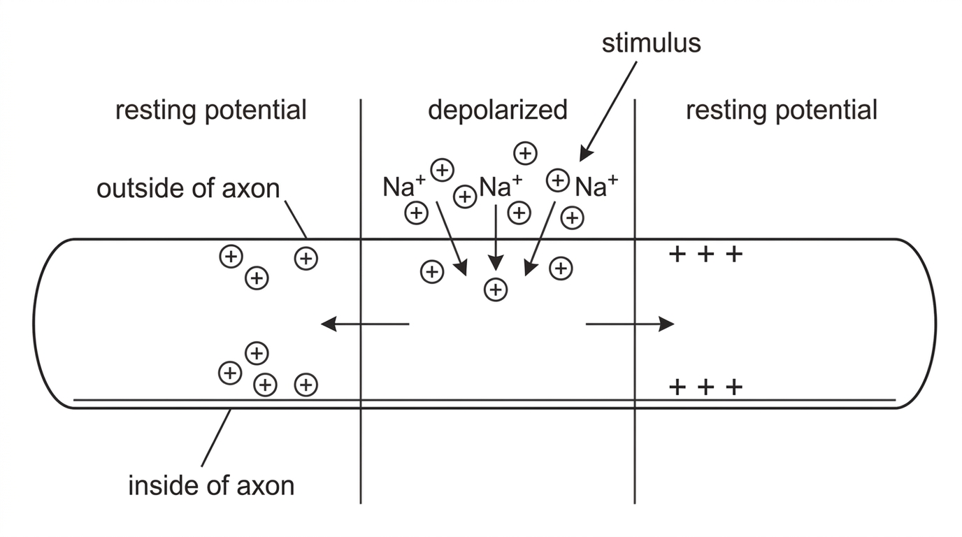 A horizontal non-myelinated axon divided into three adjacent regions. The central region is shown depolarized, neighbouring regions are at resting potential, and arrows indicate movement of positive ions across and along the membrane. The diagram should not label the phases of the action potential.