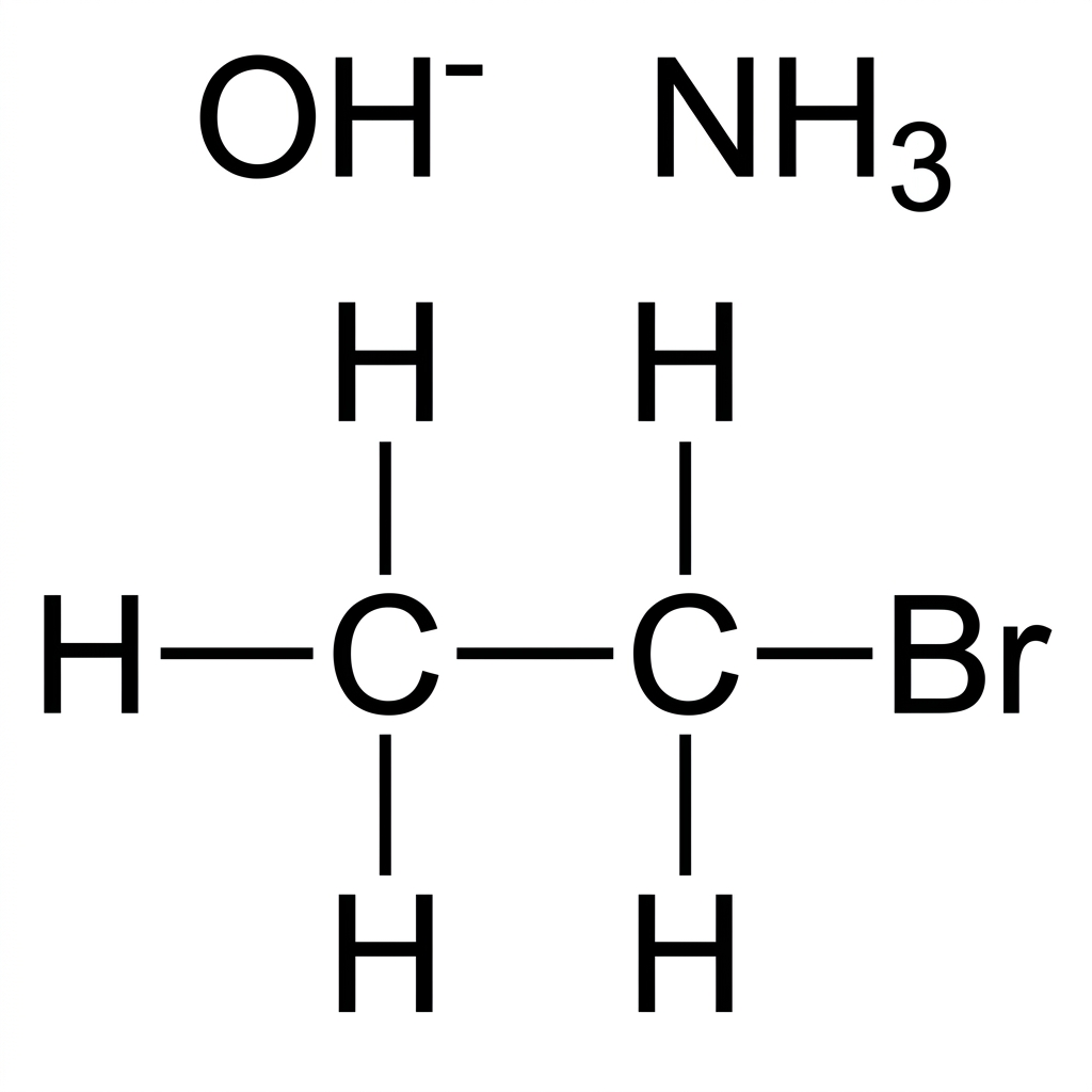 A displayed structural formula of bromoethane with two separate reagent labels, OH- and NH3, shown near the molecule. The visual should not show products or electron-pair arrows.