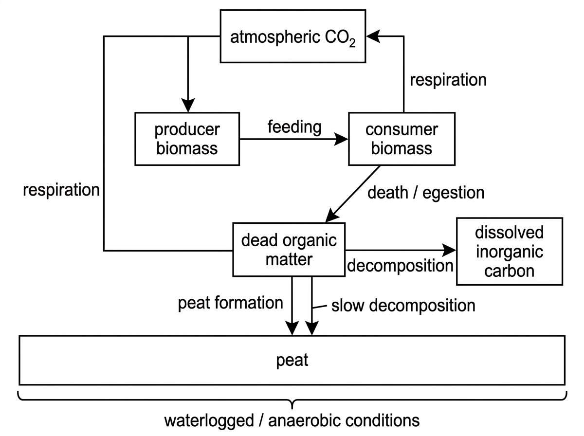 Carbon cycle diagram for a wetland with boxes for atmospheric $CO_2$, producer biomass, consumer biomass, dead organic matter, peat and dissolved inorganic carbon. Arrows connect pools and are labelled with processes including photosynthesis, feeding, respiration, death, egestion, decomposition and peat formation. Some arrows are left unlabelled for students to interpret. The diagram should indicate a large pool of peat and slow decomposition under waterlogged conditions.