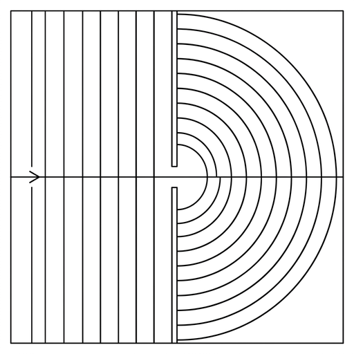 A horizontal barrier with a central gap. Plane wavefronts approach the gap normally from the left. On the right side, draw semicircular wavefronts spreading from the gap, with spacing smaller than that of the incident wavefronts.