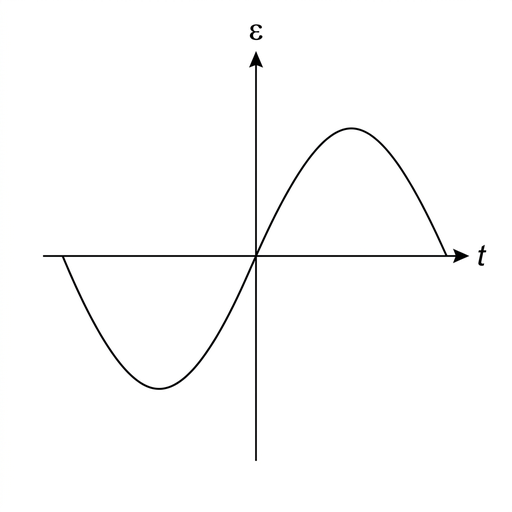 A small graph of induced emf $\varepsilon$ against time $t$. The curve is sinusoidal, crosses the origin at $t=0$, initially goes below the time axis to a negative trough, then crosses zero and reaches a positive crest. Equal positive and negative amplitudes are shown.