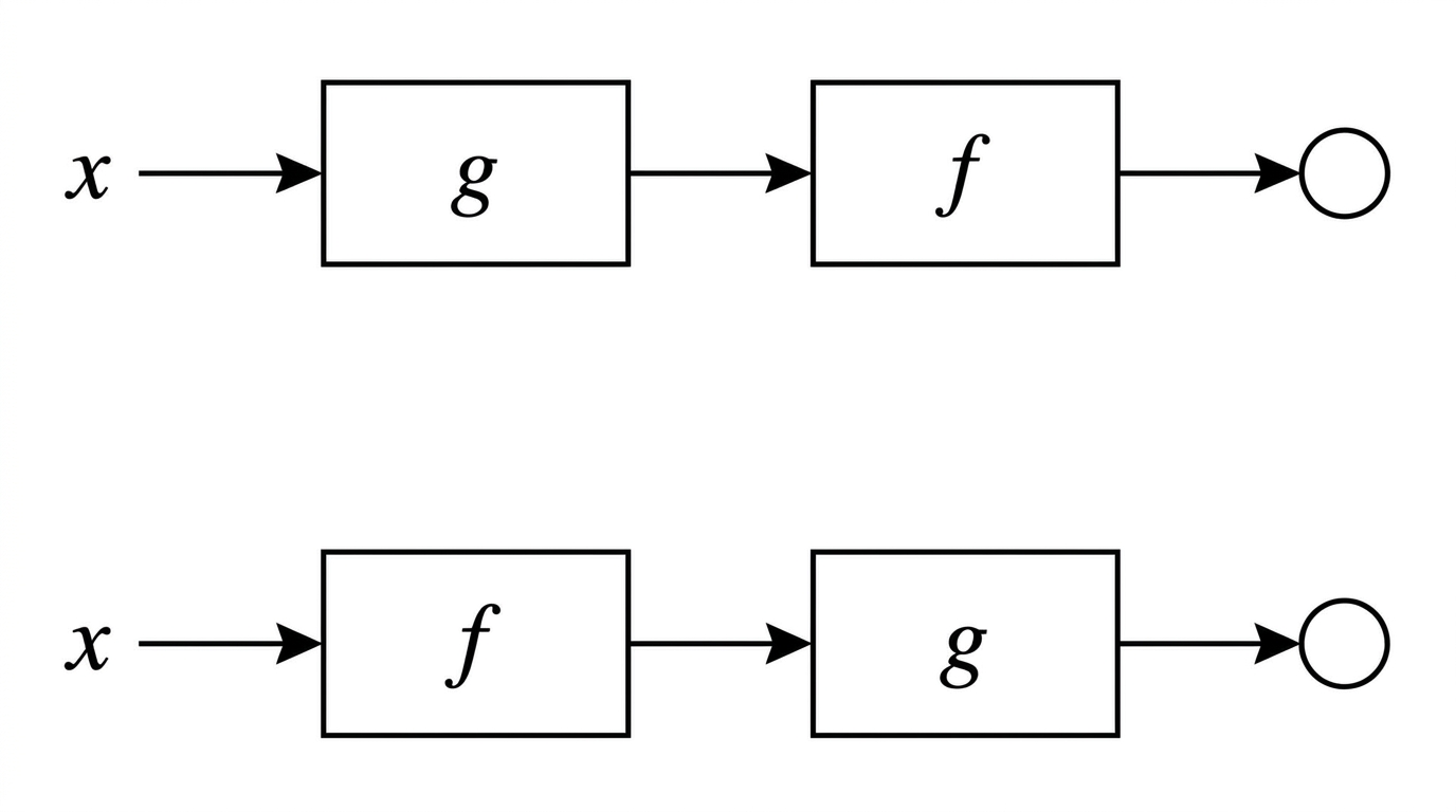 A flow diagram showing an input $x$ passing through two boxes labelled $g$ then $f$, and a second path through $f$ then $g$, ending at outputs to be compared.