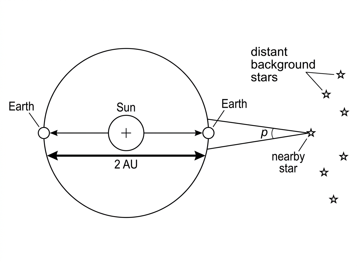 Stellar parallax diagram showing Earth at two opposite points in its orbit around the Sun, a nearby star, and distant background stars. The double-headed arrow spanning the two Earth positions is labelled as the Earth's orbital diameter, $2\ \text{AU}$, as the effective baseline. The diagram should not include numerical calculations.
