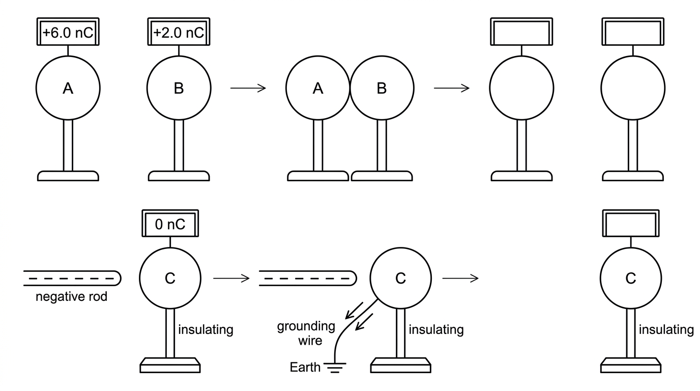 An annotated sequence of diagrams. In the first sequence, identical metal spheres A and B are shown before contact, touching, and then separated, with only the initial charge readings displayed; the final charges are left unlabeled. In the second sequence, neutral sphere C is shown near a negatively charged rod, then connected to ground while the rod remains nearby, then disconnected from ground before the rod is removed. Charge meter readings are shown where appropriate, and electron-flow arrows are included only for the grounding stage.