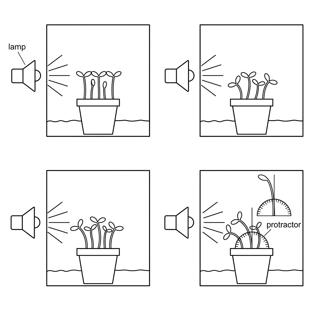 Four simple drawings or photographs of seedling pots in boxes, each with a lamp on one side. Seedlings should show different degrees of curvature toward the lamp. The visual should include a method for measuring curvature angle, such as an overlaid reference line and protractor, but no numerical values.
