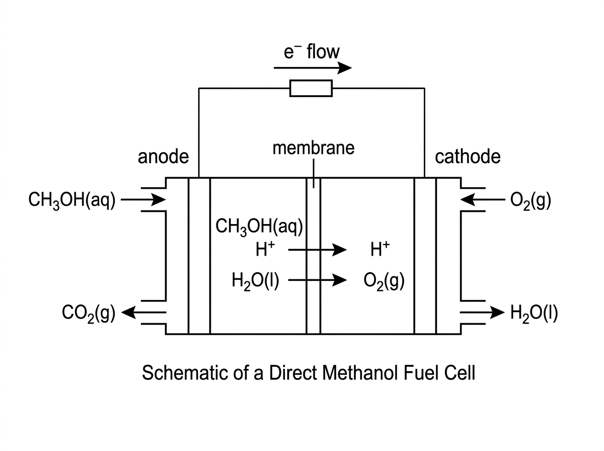A schematic direct methanol fuel cell showing methanol and water entering the anode side, oxygen entering the cathode side, an external circuit, and carbon dioxide and water as products. Electrode half-equations are not shown.