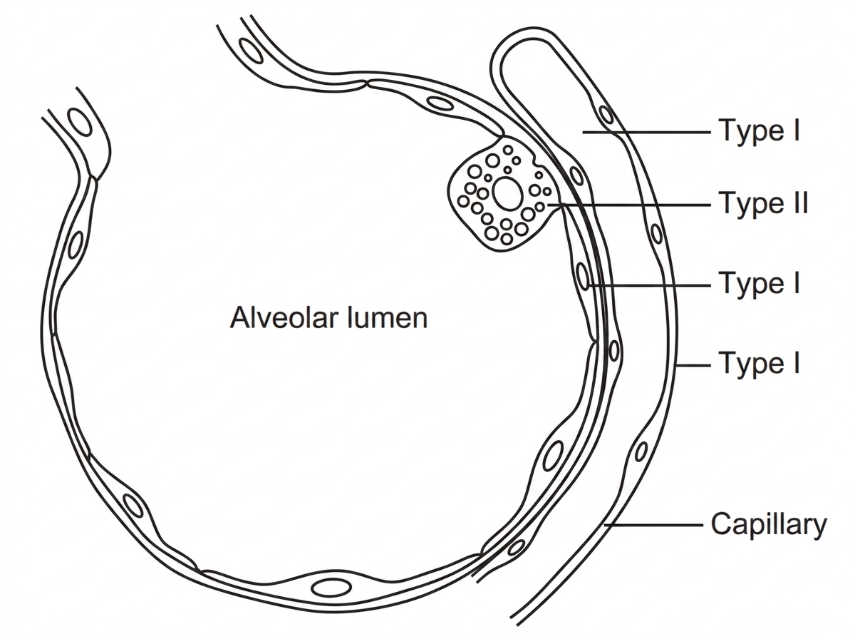 A cross-section of part of an alveolus next to a capillary. Very thin flattened epithelial cells line most of the alveolar wall, and a cuboidal secretory cell projects into the alveolar lumen with many vesicles in its cytoplasm. The alveolar lumen and capillary are labelled; the two pneumocyte types may be labelled only as type I and type II.
