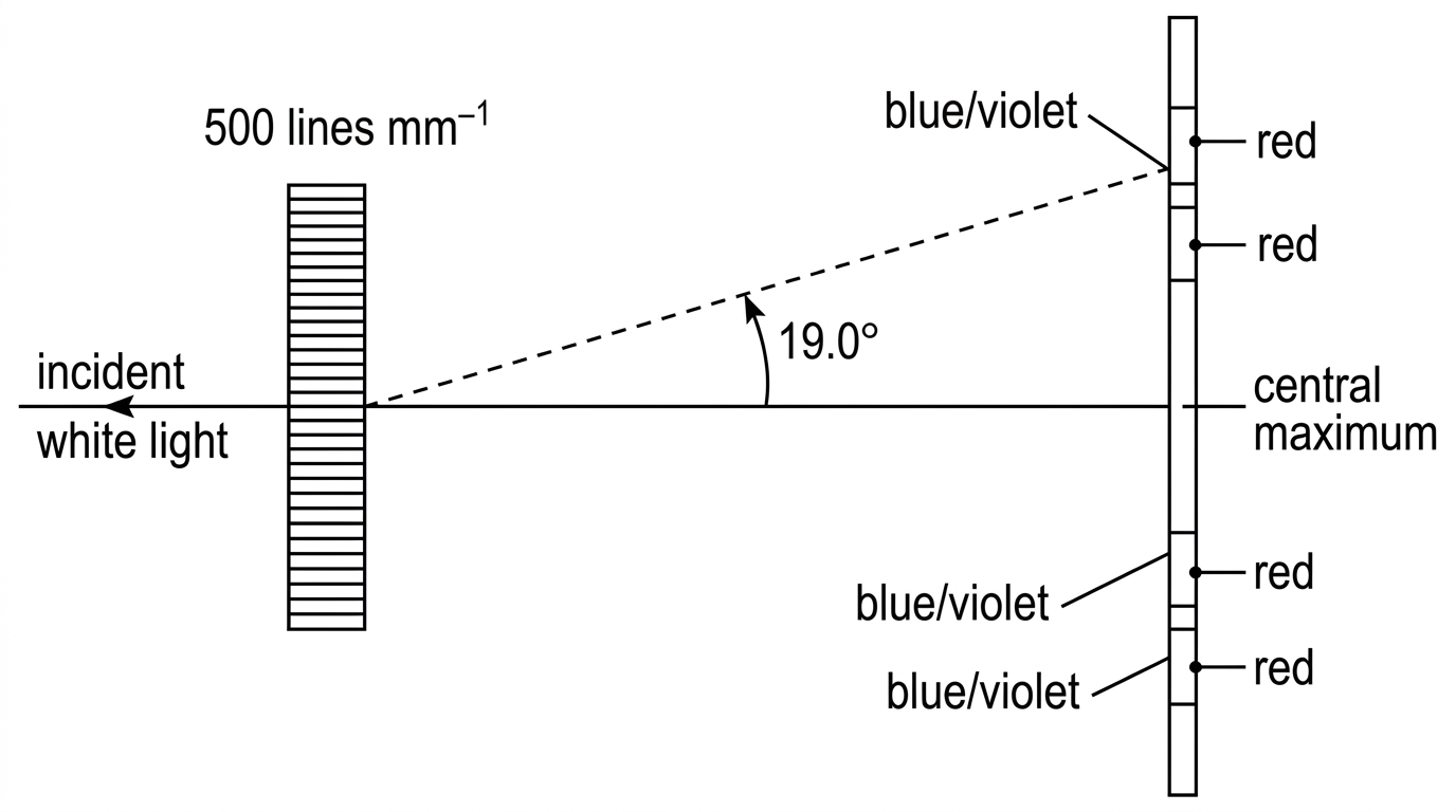 Annotated diffraction grating spectrum. A central white maximum is shown on the normal axis. First-order spectra appear symmetrically on both sides, with blue/violet nearer to the centre and red farther from the centre. The angles from the central axis to selected blue and red first-order lines are labelled for measurement. The grating line density is stated in the stem and the wavelength values are not shown.
