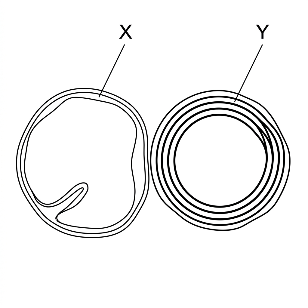 A labelled biological micrograph-style diagram of two adjacent blood vessels in transverse section. Vessel X has a relatively thin wall and a wide, irregular or partly collapsed lumen. Vessel Y has a thicker, more rounded wall with a smaller, more circular lumen. Labels X and Y point clearly to the two vessels, with no labels naming artery or vein.