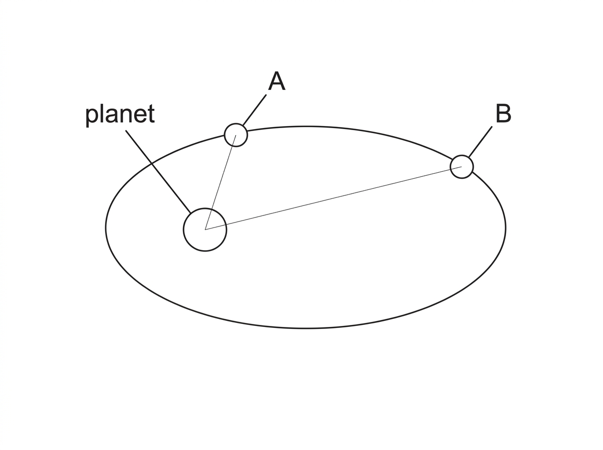 Elliptical orbit around a planet with two labelled positions, one close to the planet and one farther away, and radius lines from the planet to the satellite at both positions.