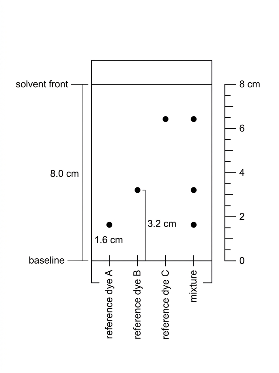 An annotated TLC plate with a pencil baseline, solvent front, three reference dye lanes and one mixture lane. Distances from the baseline to the solvent front and to the centres of the spots are indicated with a ruler scale. The more polar reference dye remains closer to the baseline. Exact distances should be visible in the final figure, but no $R_F$ values are printed.
