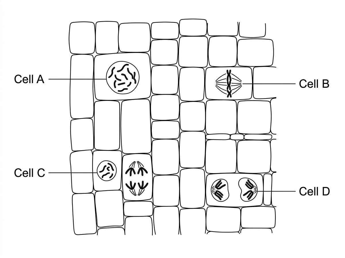 Annotated micrograph-style field of plant root-tip cells with several labelled cells showing condensed chromosomes in different arrangements; labels do not name the phases.