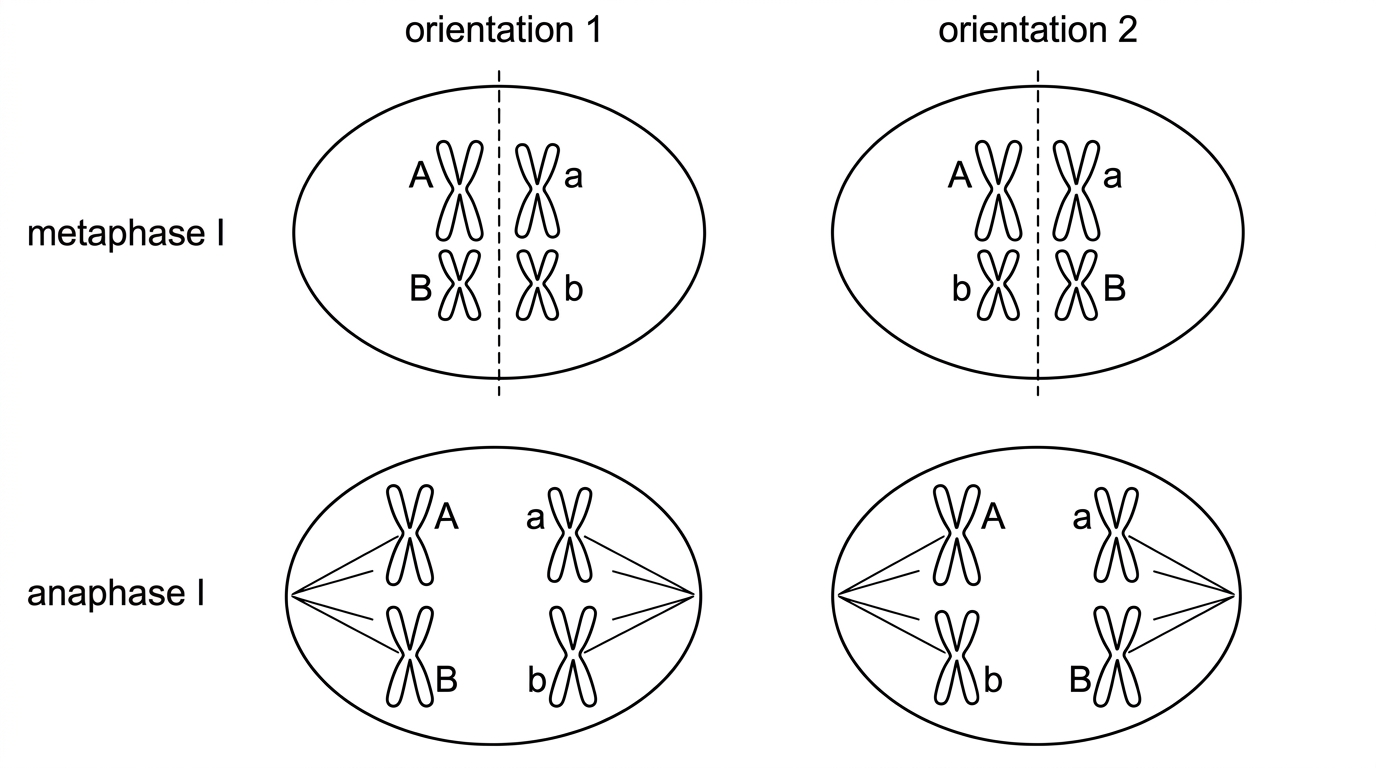 Diagram of two homologous chromosome pairs in meiosis I, with different allele labels on each pair and alternative random orientations at metaphase I; labels should include metaphase I and anaphase I.