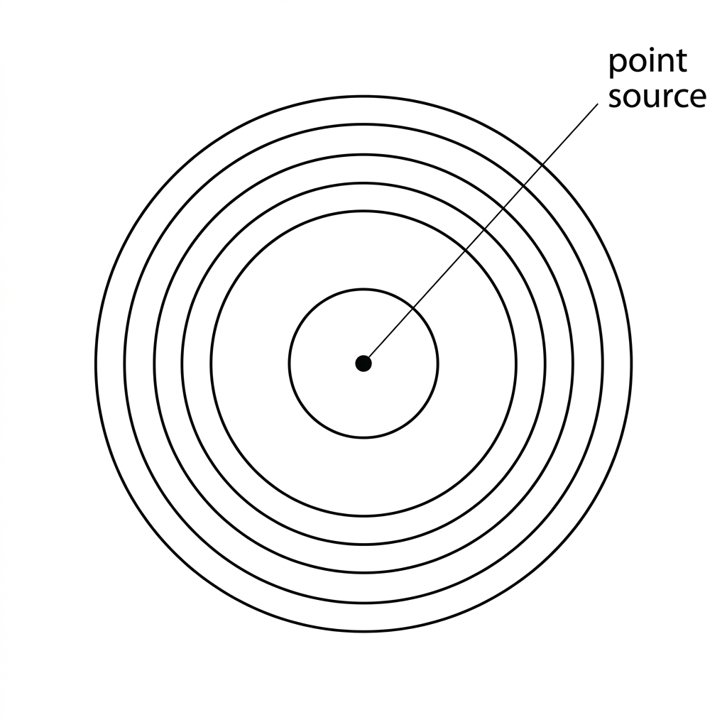 Diagram of circular wavefronts spreading from a point source with several adjacent wavefronts shown; no rays drawn.