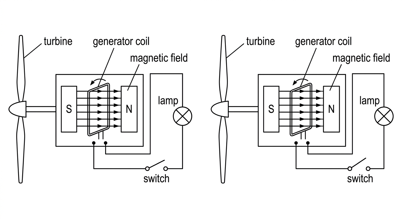 A simplified wind turbine driving an AC generator. The generator has a rotating coil in a magnetic field and external terminals connected through a switch to a lamp. Labels identify turbine, generator coil, magnetic field, switch, and lamp.