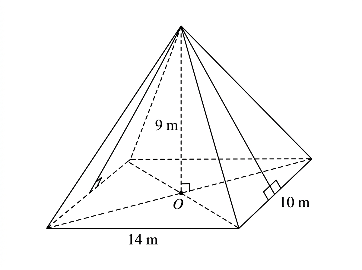 A right rectangular-based pyramid showing its base dimensions, central perpendicular height, two different face slant heights and a sloping edge.