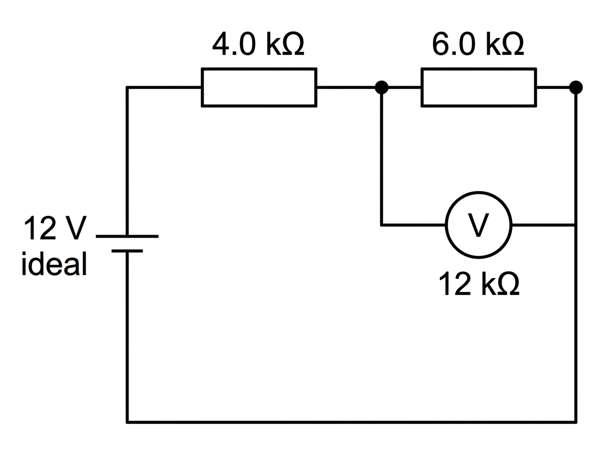 A circuit diagram with an ideal $12\ \text{V}$ dc supply connected to two series resistors labelled $4.0\ \text{k}\Omega$ and $6.0\ \text{k}\Omega$. A voltmeter is connected in parallel across the $6.0\ \text{k}\Omega$ resistor and labelled with resistance $12\ \text{k}\Omega$. The diagram should make clear that the voltmeter is non-ideal.