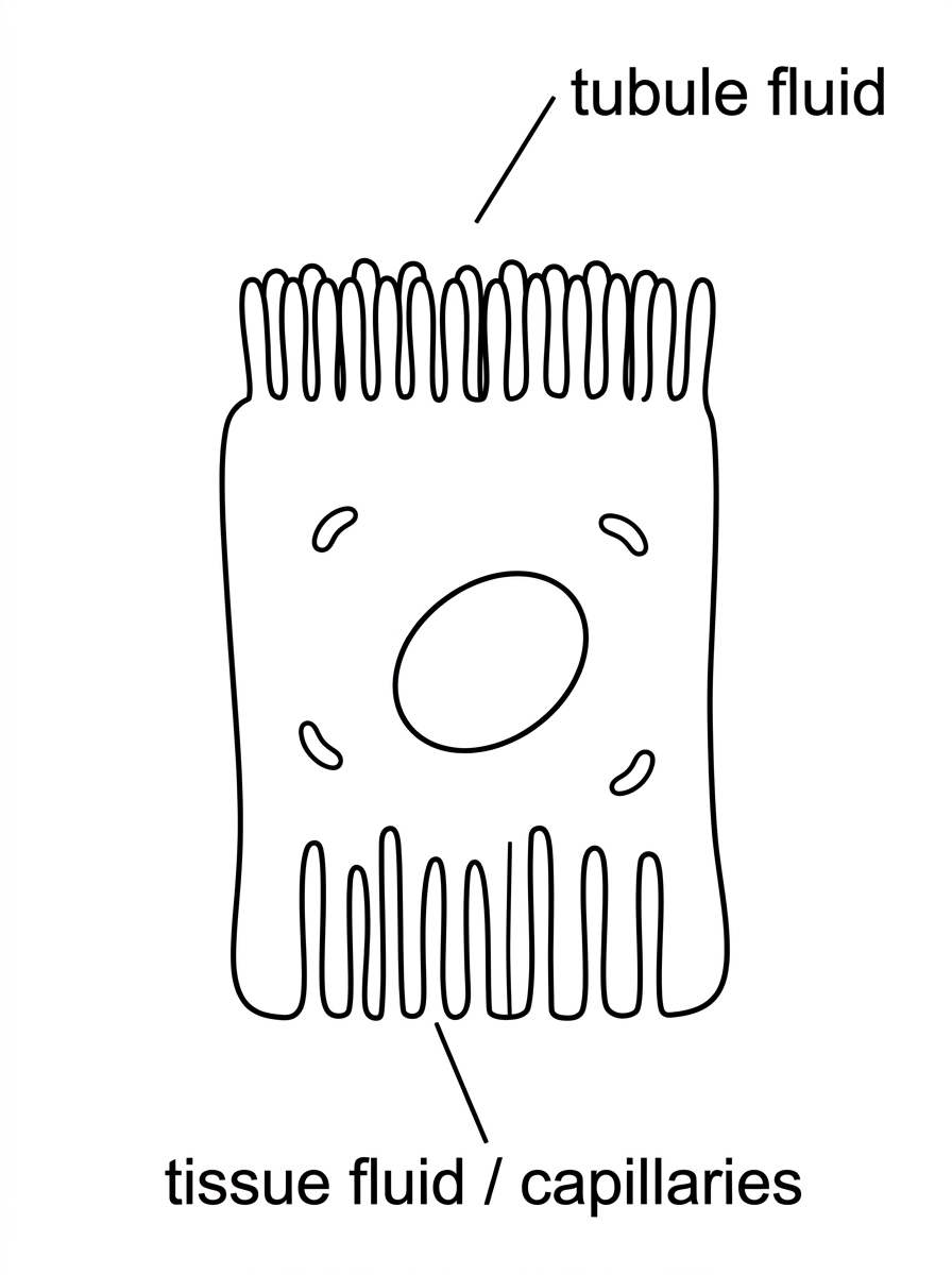 Diagram of a proximal convoluted tubule epithelial cell with an apical surface facing tubule fluid and a basal surface facing tissue fluid/capillaries; microvilli and basal infoldings are visible but not labelled.