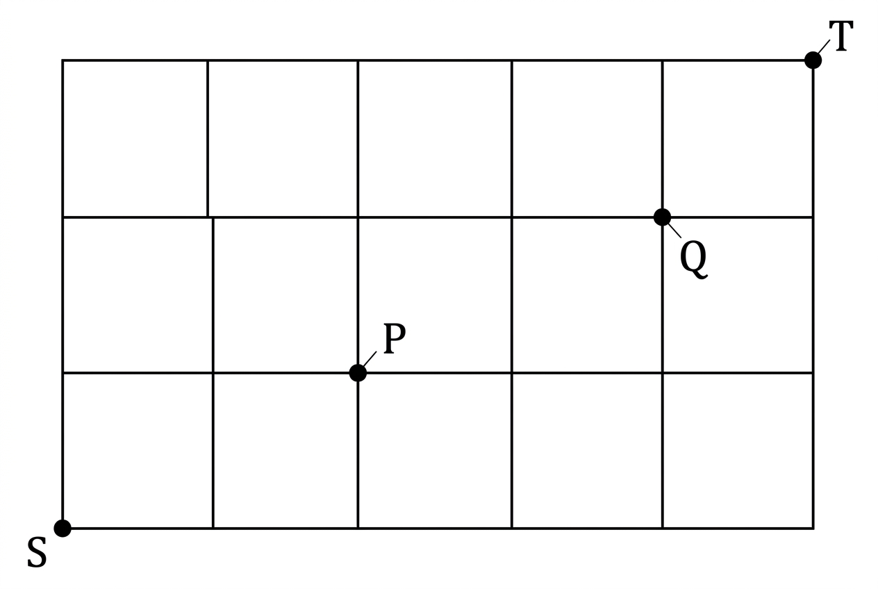 A rectangular lattice grid with start point S at the lower left and endpoint T at the upper right. Points P and Q are labelled on interior lattice points. The diagram shows only horizontal and vertical grid lines and does not show any path.